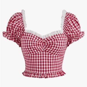 WDIRARA Red Gingham Puff Sleeve Crop Top Cottagecore Size S NWT